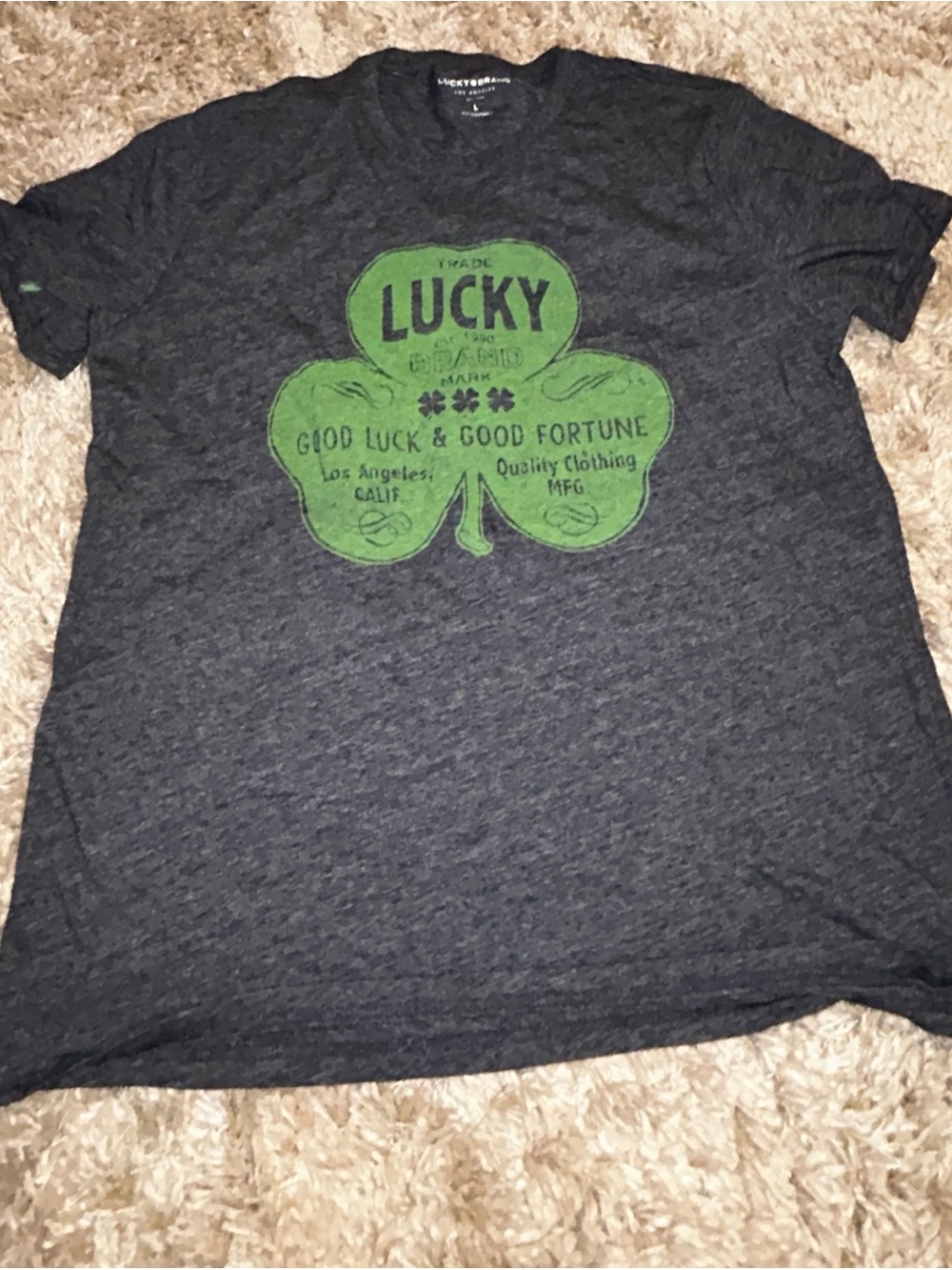 Lucky Brand Short Sleeve Tee - Heather Dark Gray with Green Clover